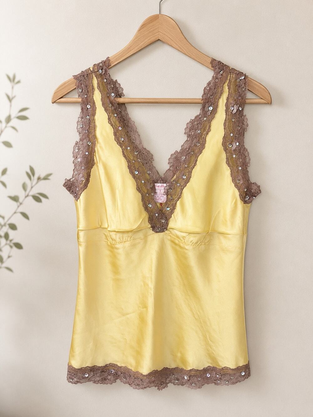 Gold Hawk 100% Silk Yellow Camisole with Brown and sequin Trim Size S
